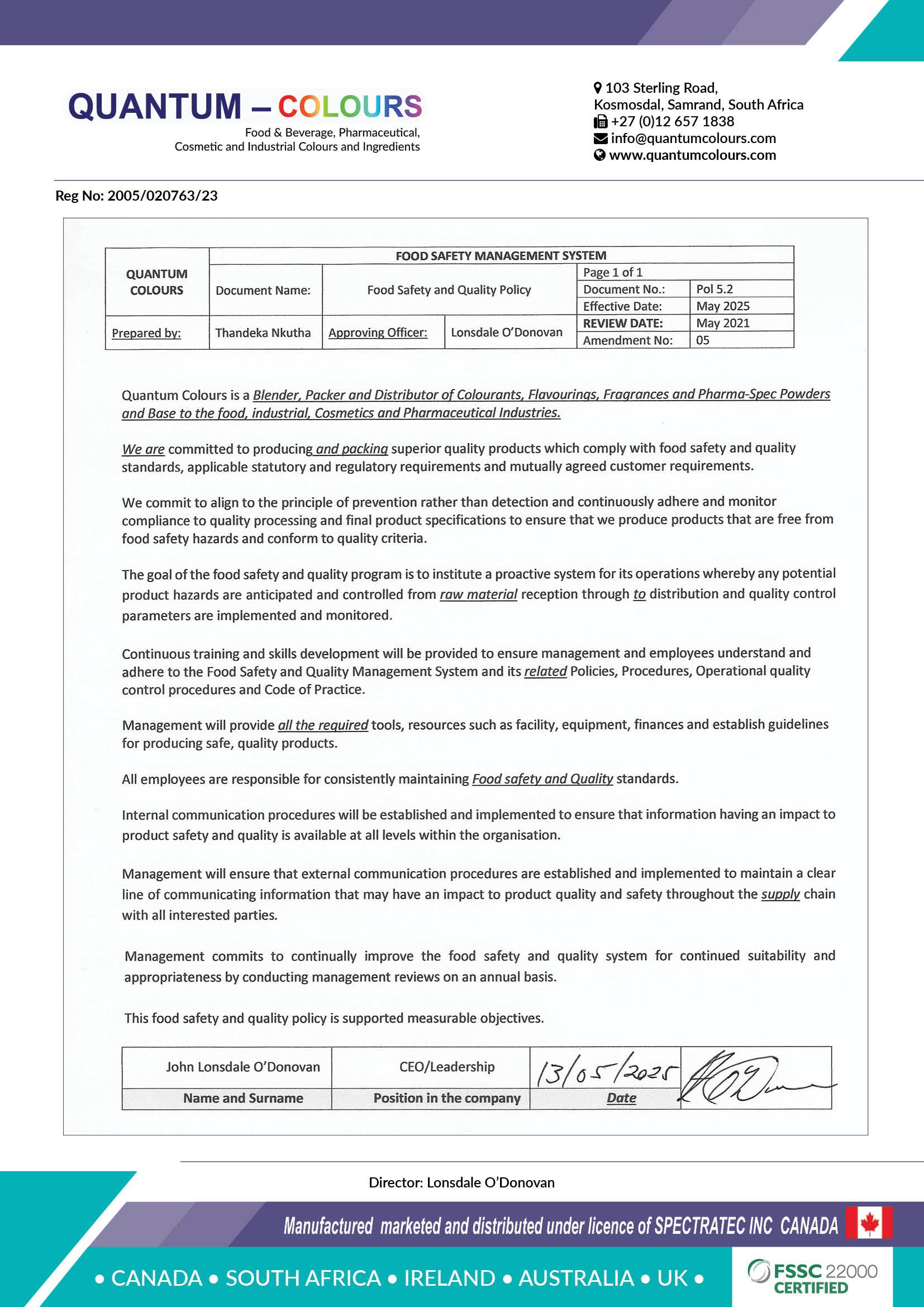 Food Safety and quality policy